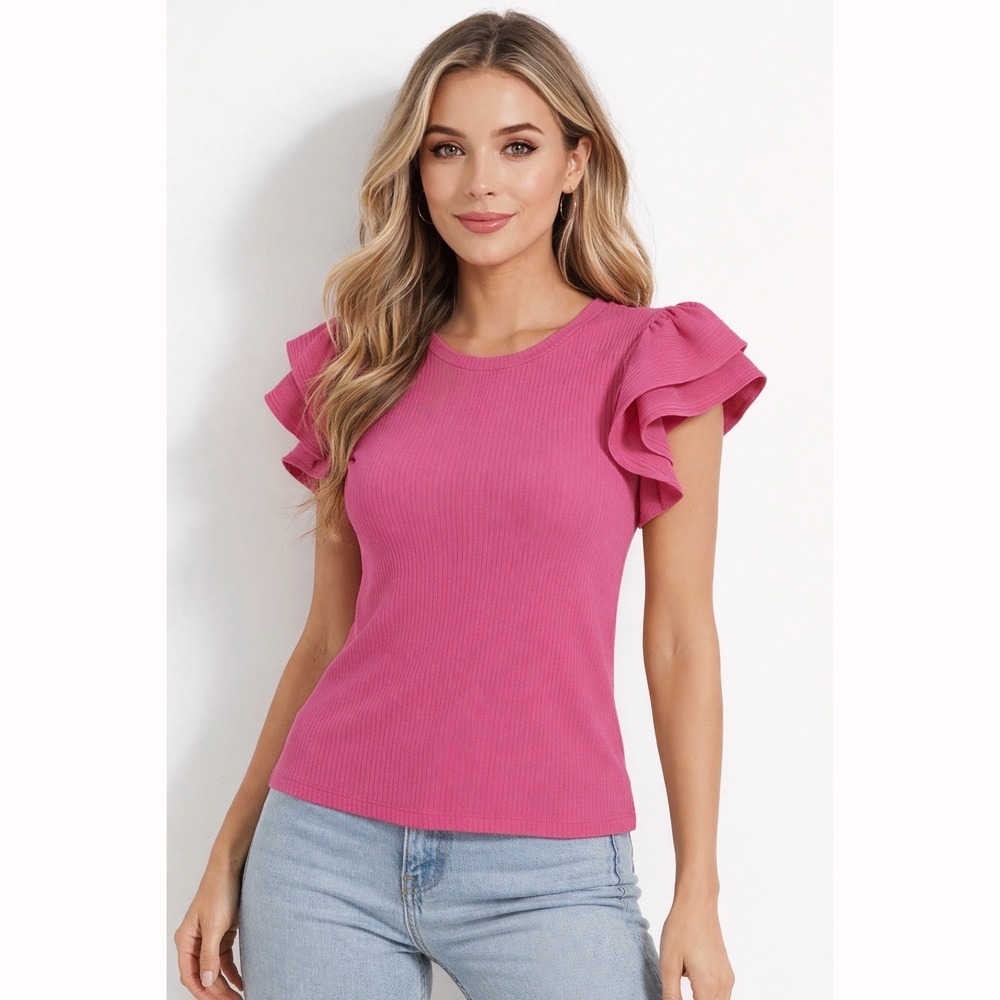 ZARA Women Pink Ribbed Flutter Sleeve Round‎ Neck Short Sleeve Top L Y2K 100-68